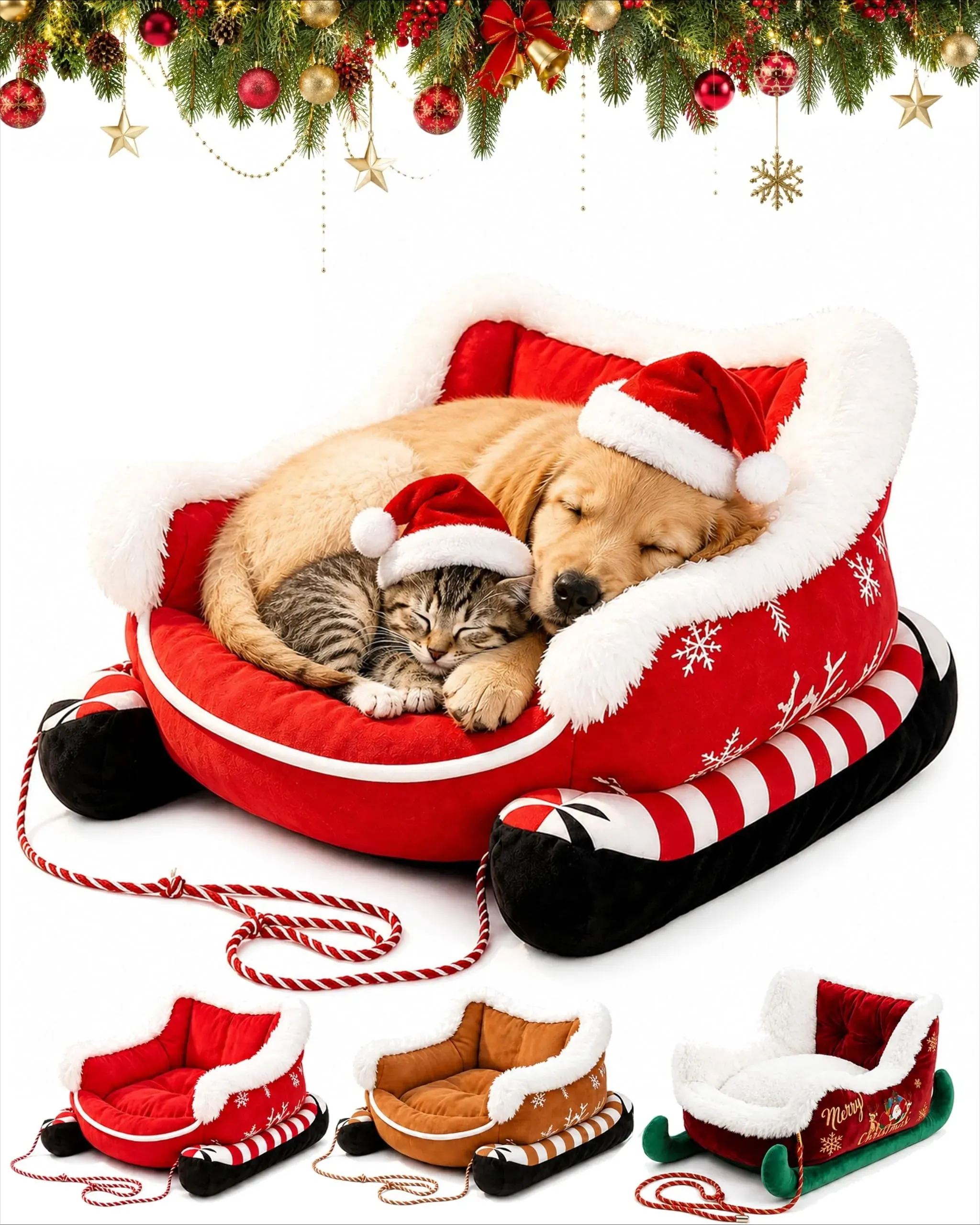 Sleigh-Shaped Holiday Pet Bed with Washable Cover - Small to Medium
