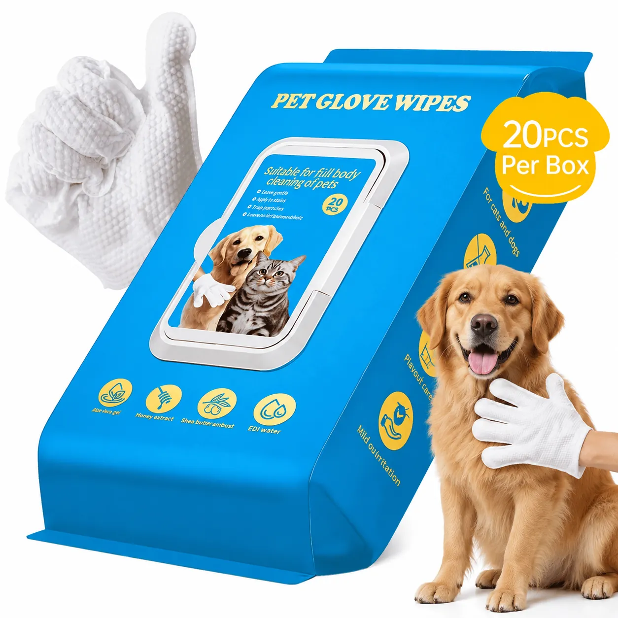 Pet Grooming Glove Wipes - 20 Individually Wrapped, Plant-Based, Alcohol-Free (3-Pack)